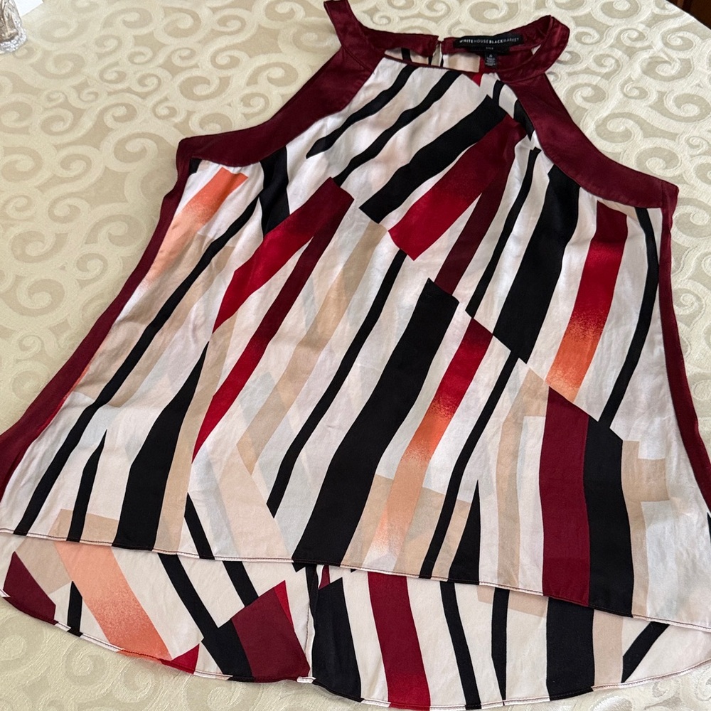 White House Black Market Burgundy Black Cream Striped Halter Tank